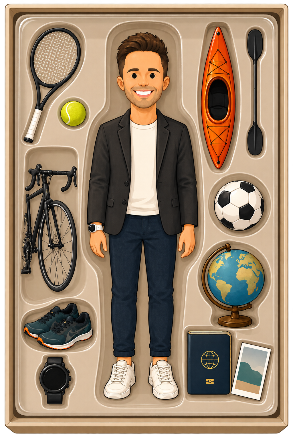 Bence — a visual starter pack of hobbies and personality: tennis, cycling, travel, football, kayaking, and a well-worn passport.